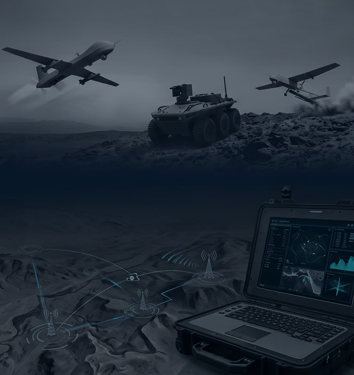 Fixed-wing UAVs and an unmanned ground vehicle in the field, linked to a rugged laptop ground control station