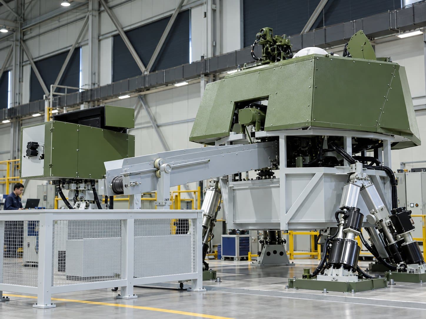 Armored vehicle crew-station simulator on a six-actuator motion platform, with its access gangway alongside, on an integration floor