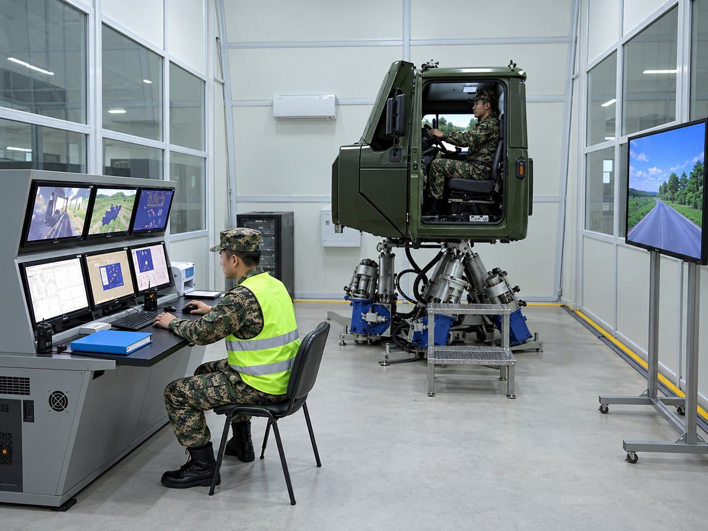 A trainee seated in a cab simulator while an instructor works the session from a six-screen console alongside