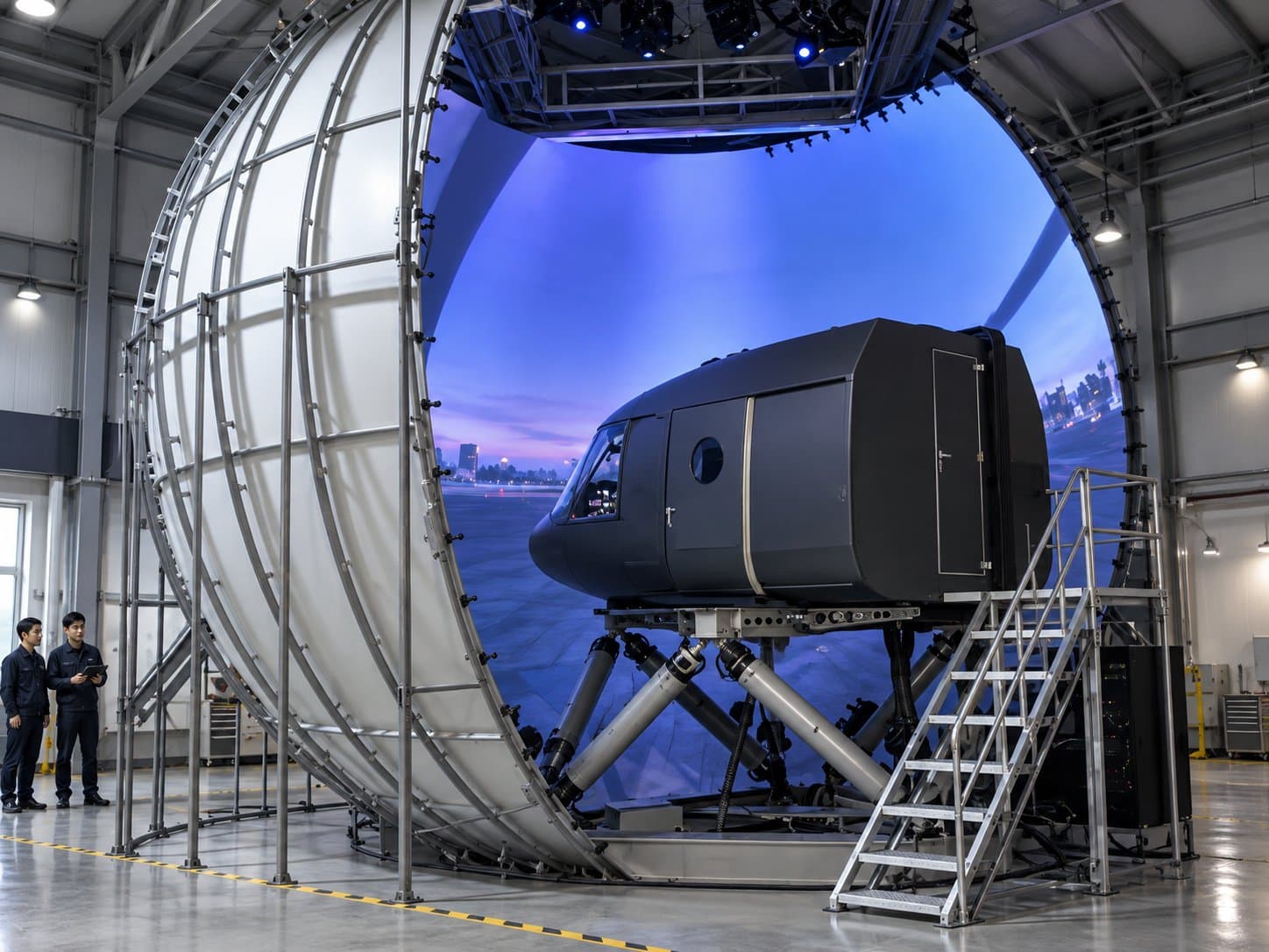 Full-motion flight simulator cabin on a six-actuator platform inside a wraparound projection dome, showing an airfield at dusk