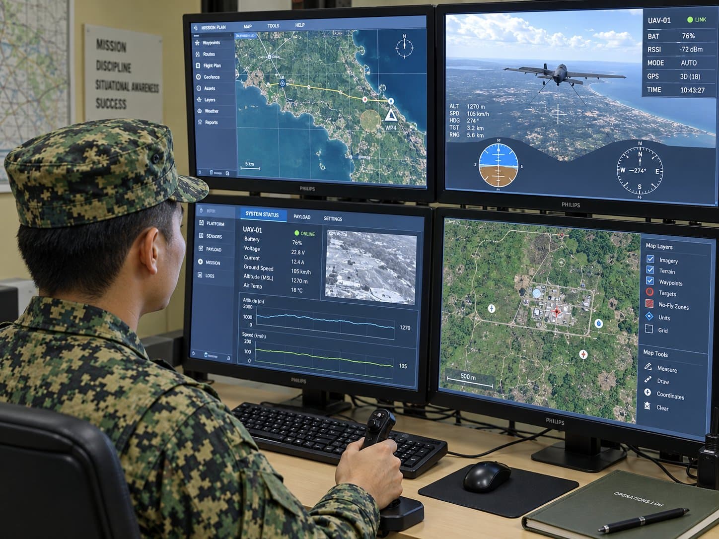 Ground control station in use: mission-plan map, live UAV camera feed with altitude, speed and heading readouts, platform status, and a hand controller at the desk