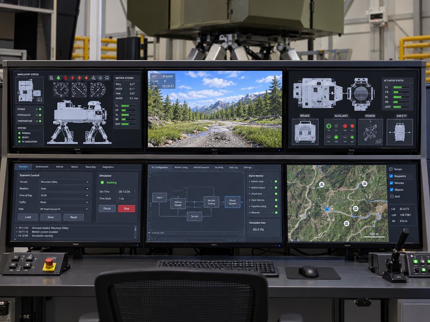 Instructor console screens: a scenario panel setting terrain, weather and time of day, a live forest-track view, motion and actuator status, and a route map