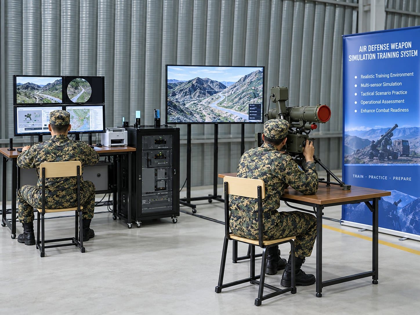 An instructor watching a trainee session play out across a console and a wall display, with the recording and scenario rack alongside